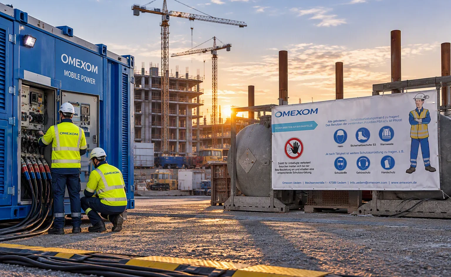 Baustelle Omexom Mobile Power mit Sicherheits-Banner