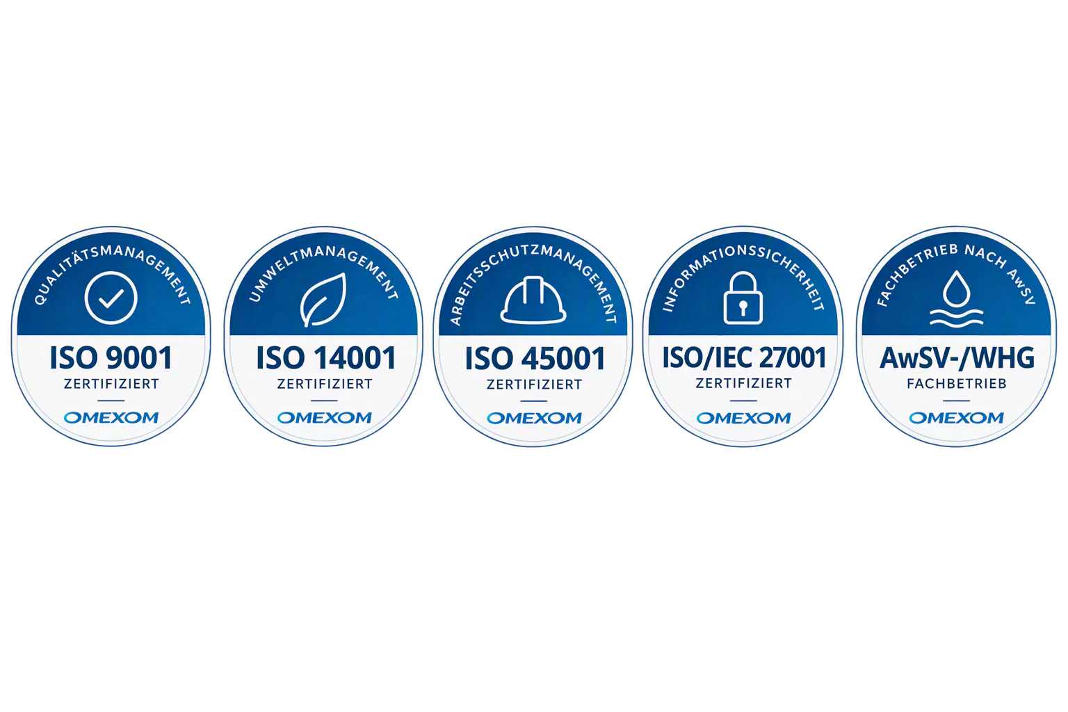 Zertifizierungen von Omexom Mobile Power: ISO 9001, ISO 14001, ISO 45001, ISO/IEC 27001 sowie AwSV-/WHG-Fachbetrieb
